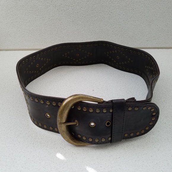 Wide Brown Faux Leather Belt with Gold Grommets - Picture 6 of 8